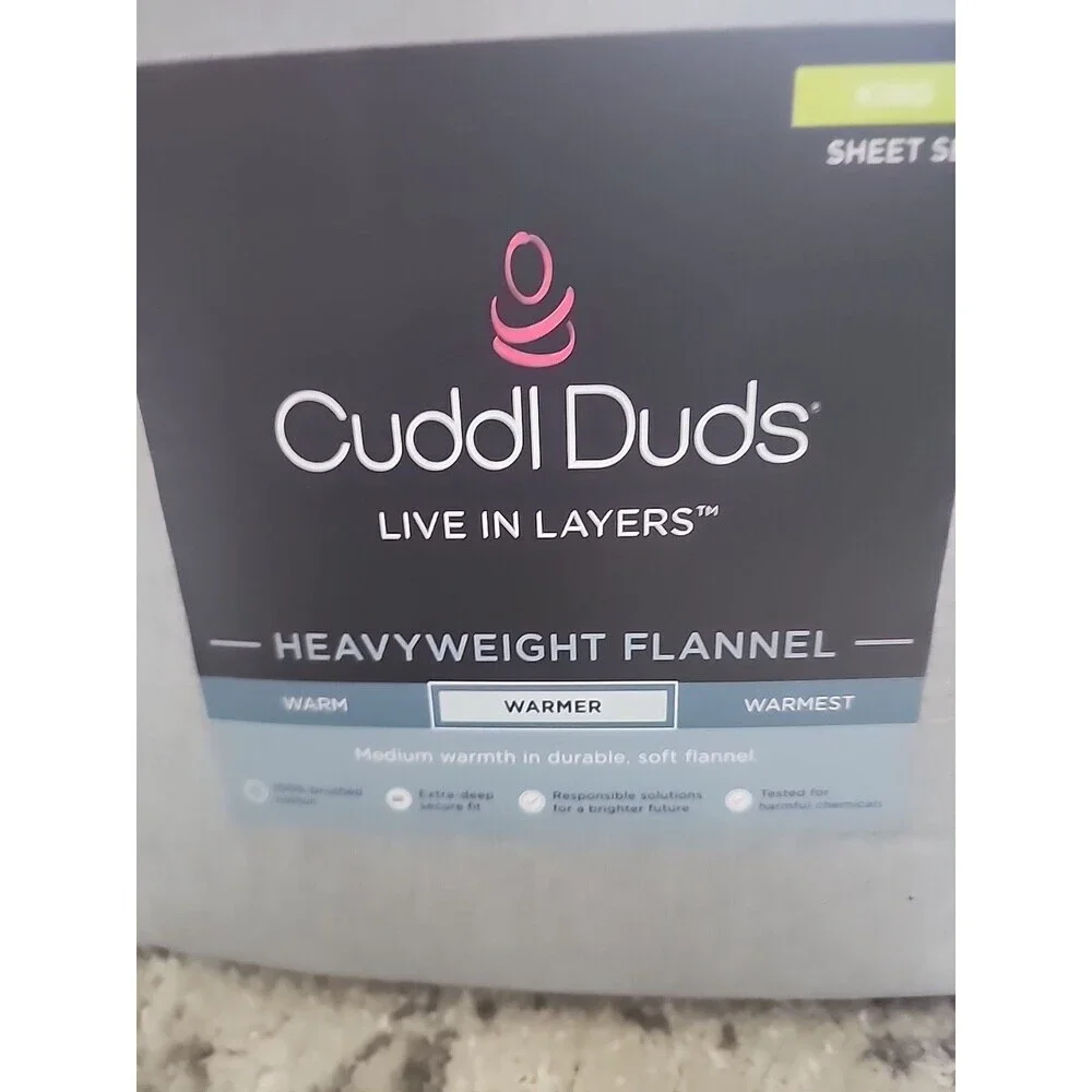 Cuddl Duds Heavyweight Flannel KING 100% Brushed Cotton Sheet Set Grey Heather